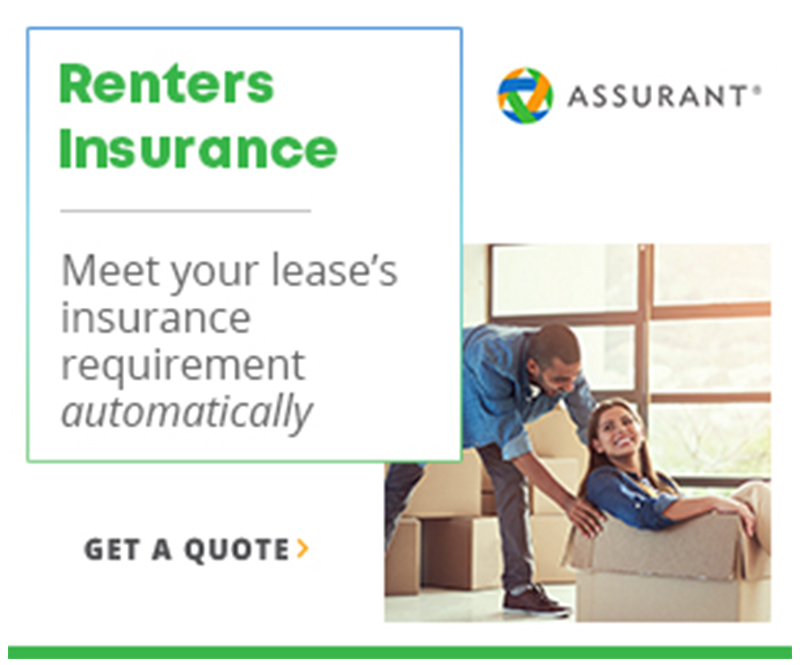 Assurant Renters Insurance - Renters Insurance Text with Image of a Man Pushing a Woman Sitting in a Cardboard Box Smiling and a Get a Quote Button